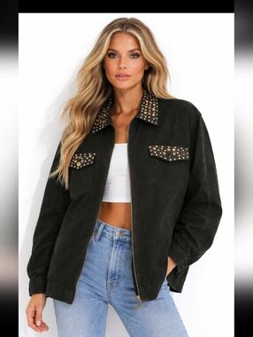 Mureli Coastal Stud-Trim Black Denim  Utility Jacket ( Size: S )